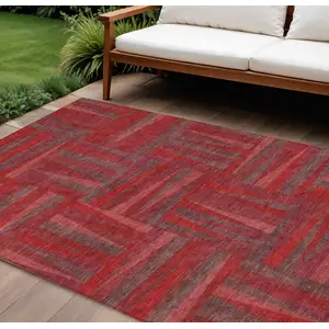 Photo of Red And Brown Geometric Washable Indoor Outdoor Area Rug
