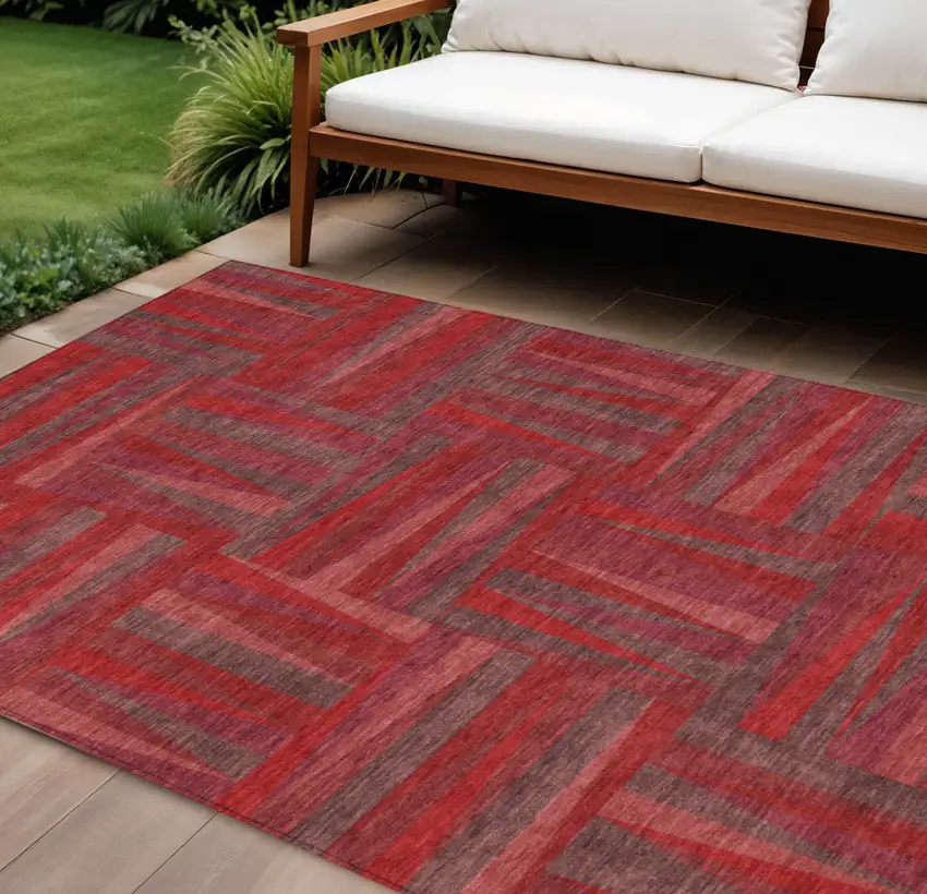 Red And Brown Geometric Washable Indoor Outdoor Area Rug Photo 1