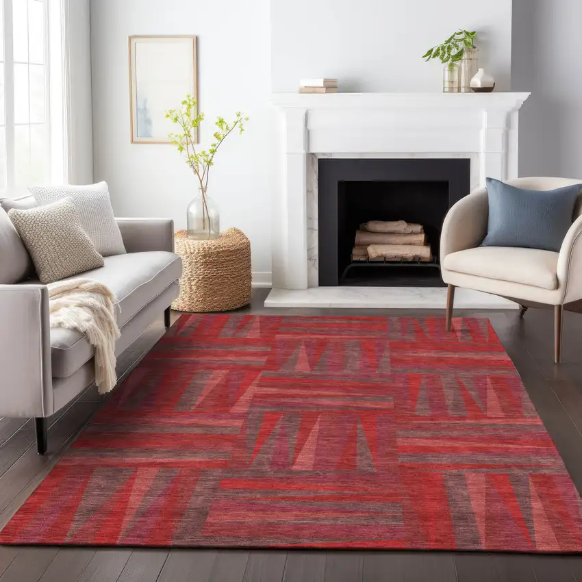 Red And Brown Geometric Washable Indoor Outdoor Area Rug Photo 8