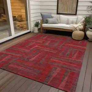 Photo of Red And Brown Geometric Washable Indoor Outdoor Area Rug
