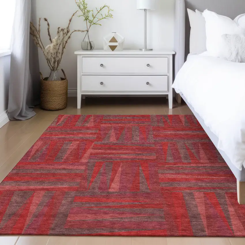 Red And Brown Geometric Washable Indoor Outdoor Area Rug Photo 9