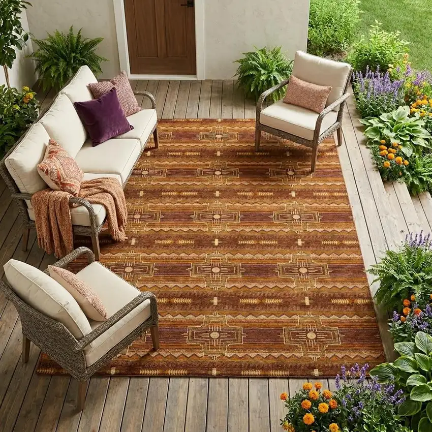 Red And Brown Tribal Washable Indoor Outdoor Area Rug Photo 1