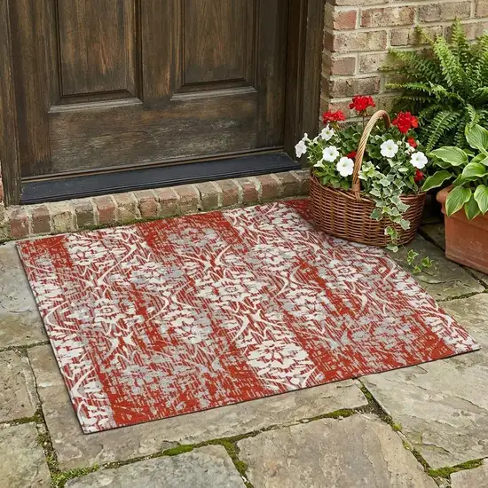 Red And Burgundy Damask Washable Indoor Outdoor Area Rug Photo 1