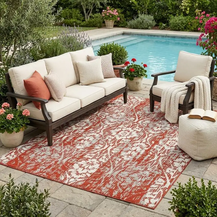 Red And Burgundy Damask Washable Indoor Outdoor Area Rug Photo 1