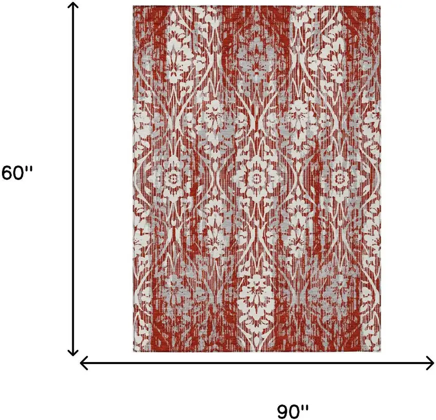 Red And Burgundy Damask Washable Indoor Outdoor Area Rug Photo 7