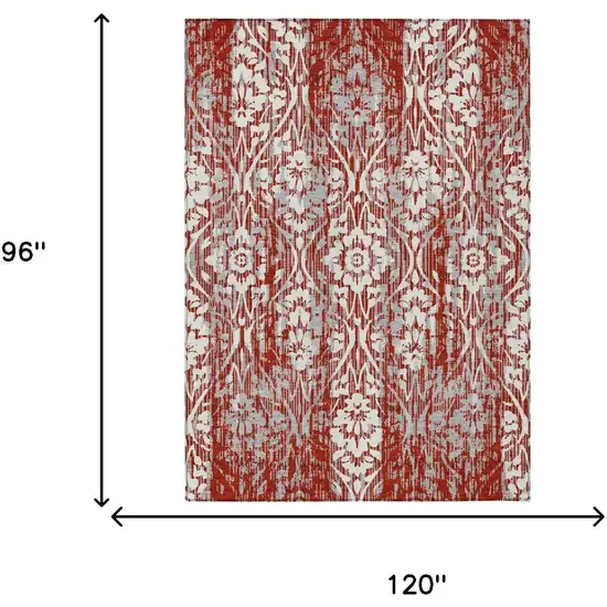 Red And Burgundy Damask Washable Indoor Outdoor Area Rug Photo 7