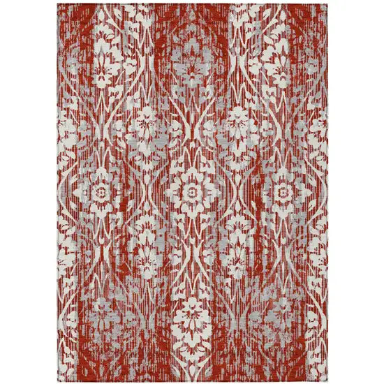 Red And Burgundy Damask Washable Indoor Outdoor Area Rug Photo 2