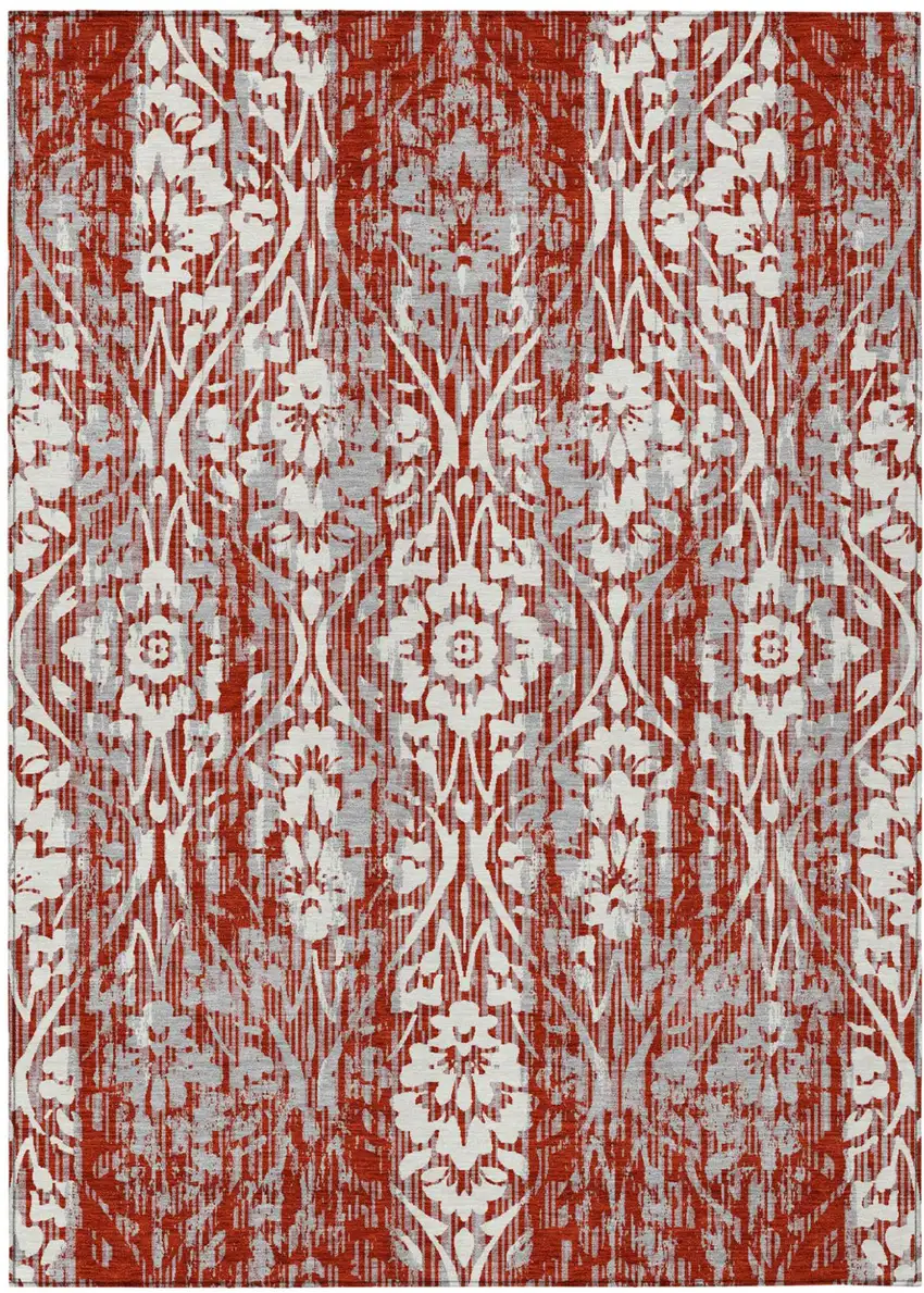 Red And Burgundy Damask Washable Indoor Outdoor Area Rug Photo 2