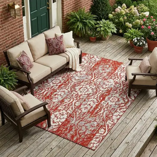 Red And Burgundy Damask Washable Indoor Outdoor Area Rug Photo 1