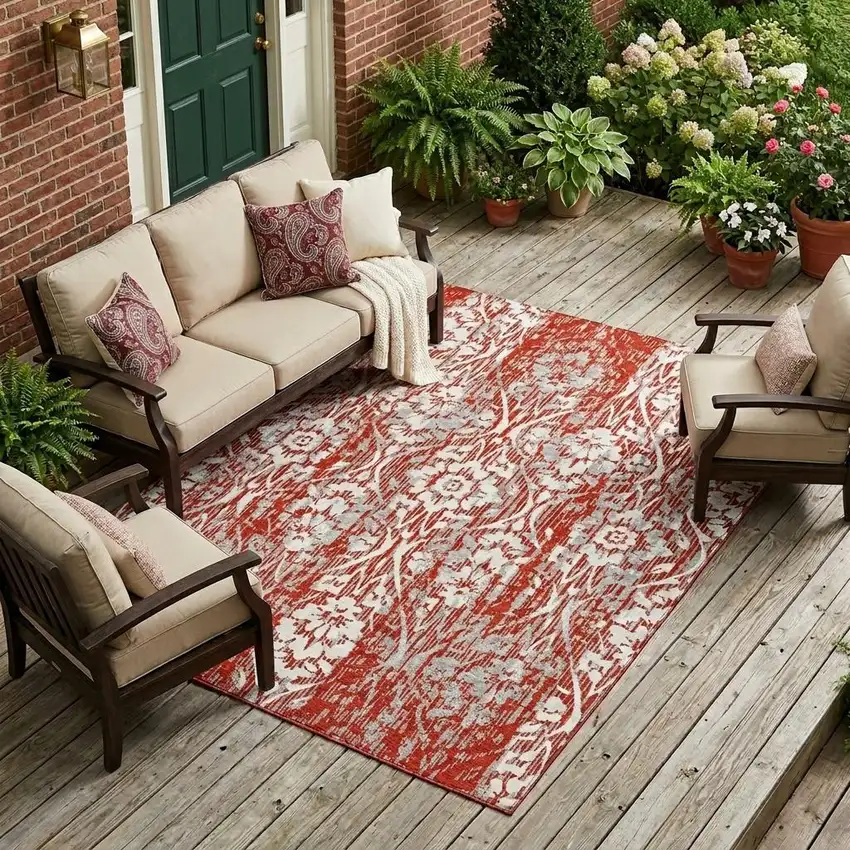 Red And Burgundy Damask Washable Indoor Outdoor Area Rug Photo 1