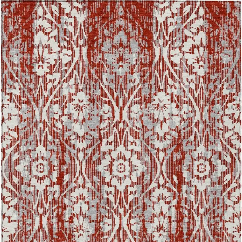 Red And Burgundy Damask Washable Indoor Outdoor Area Rug Photo 4