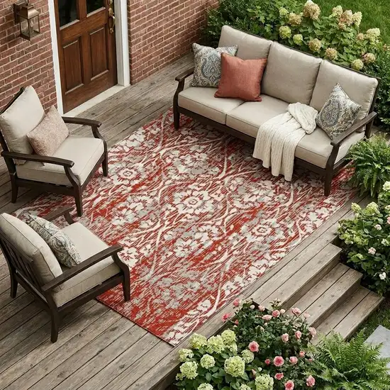 Red And Burgundy Damask Washable Indoor Outdoor Area Rug Photo 1