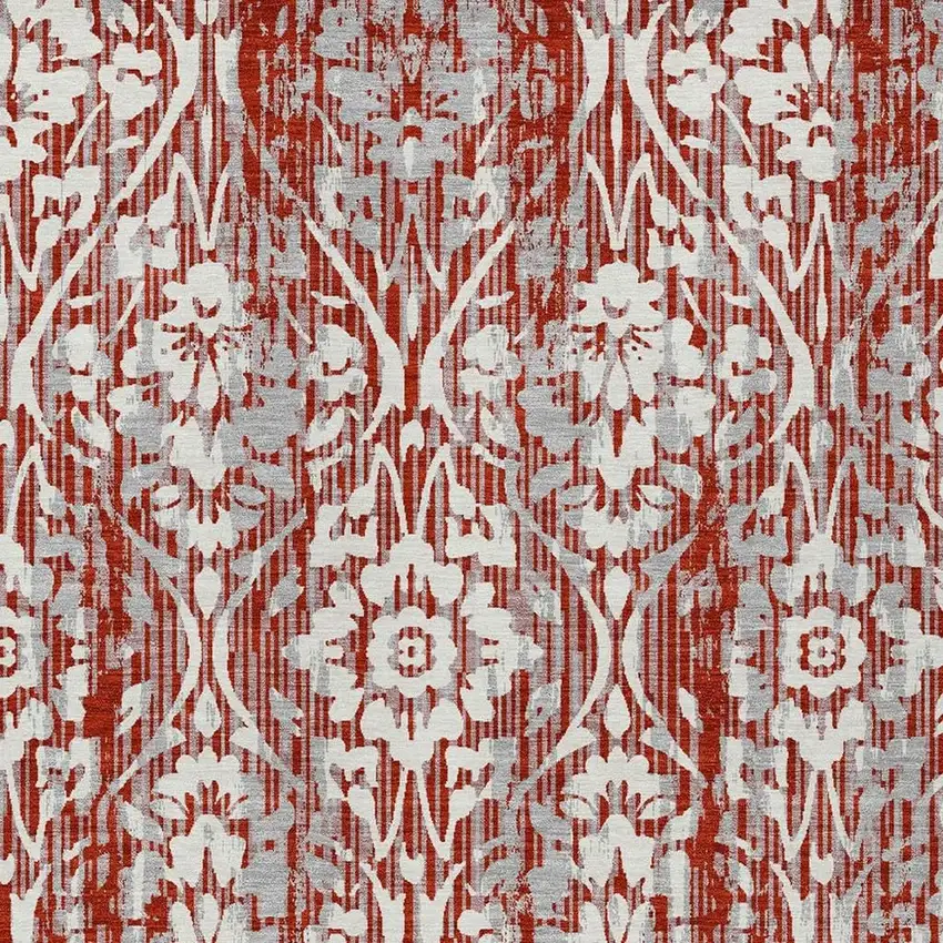 Red And Burgundy Damask Washable Indoor Outdoor Area Rug Photo 3