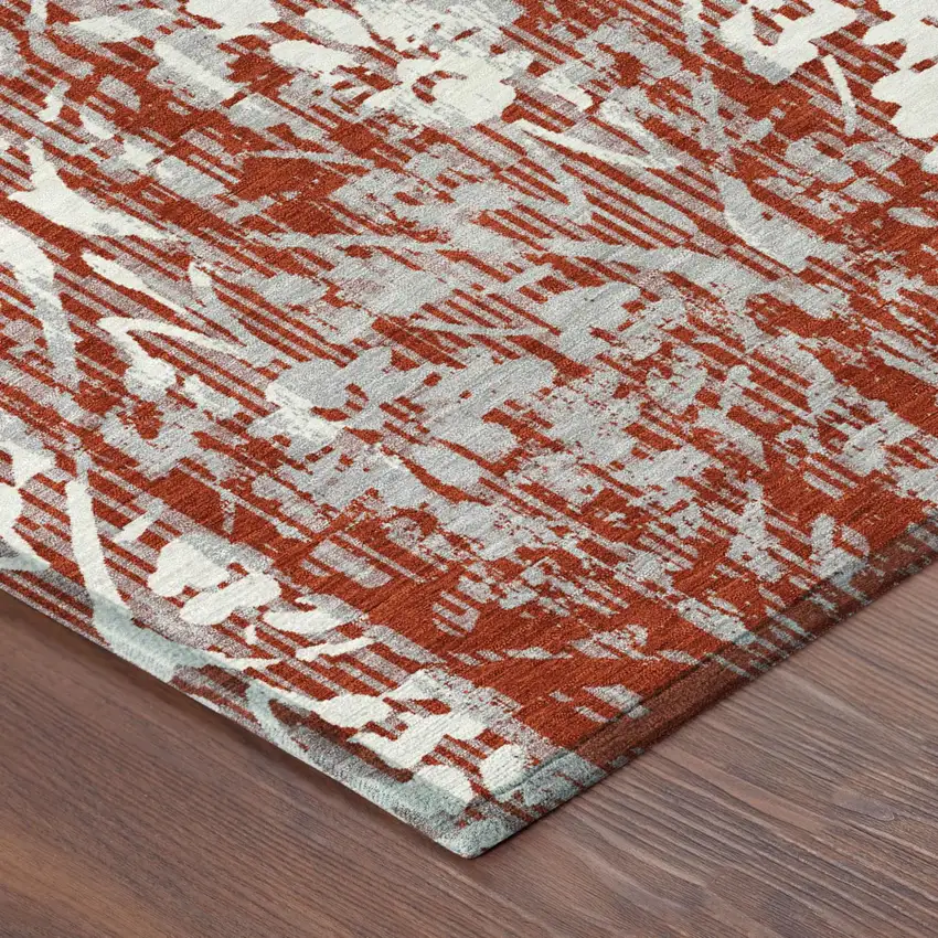 Red And Burgundy Damask Washable Indoor Outdoor Area Rug Photo 5
