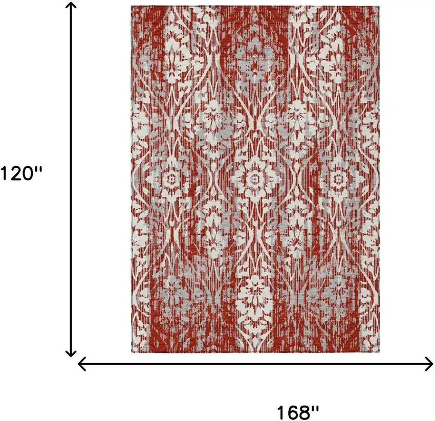Red And Burgundy Damask Washable Indoor Outdoor Area Rug Photo 7