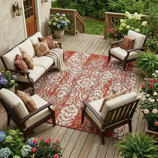Red And Burgundy Damask Washable Indoor Outdoor Area Rug Photo 1