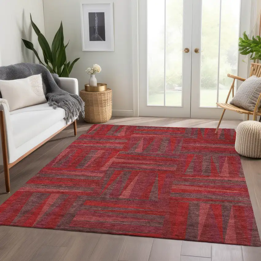 Red And Burgundy Geometric Washable Area Rug With UV Protection Photo 5