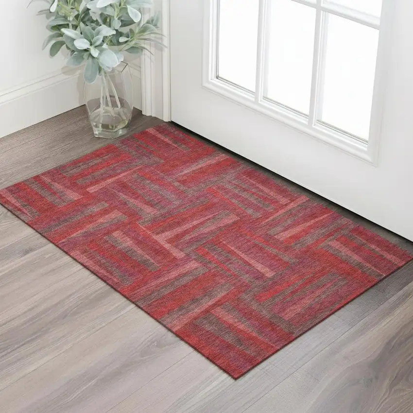 Red And Burgundy Geometric Washable Area Rug With UV Protection Photo 2