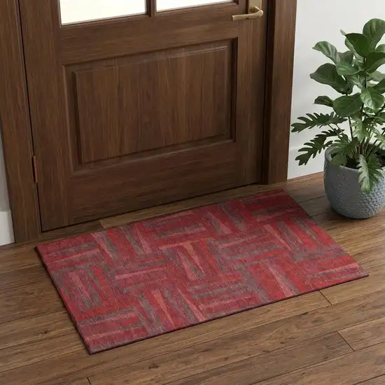 Red And Burgundy Geometric Washable Area Rug With UV Protection Photo 1