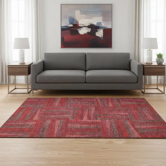 Red And Burgundy Geometric Washable Area Rug With UV Protection Photo 2