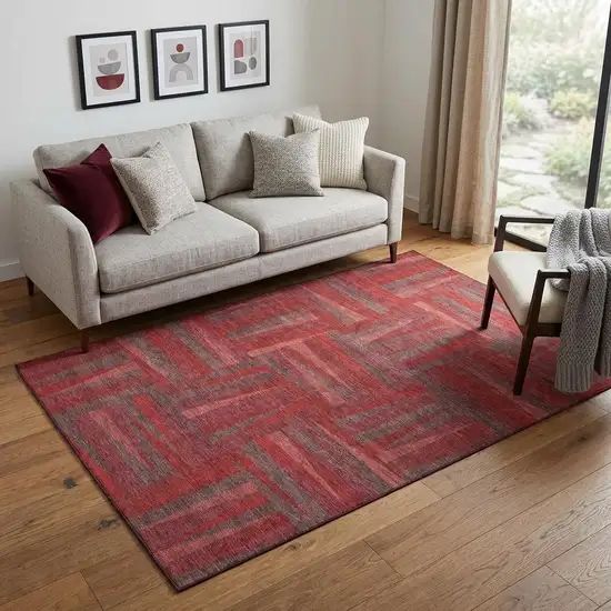 Red And Burgundy Geometric Washable Area Rug With UV Protection Photo 1