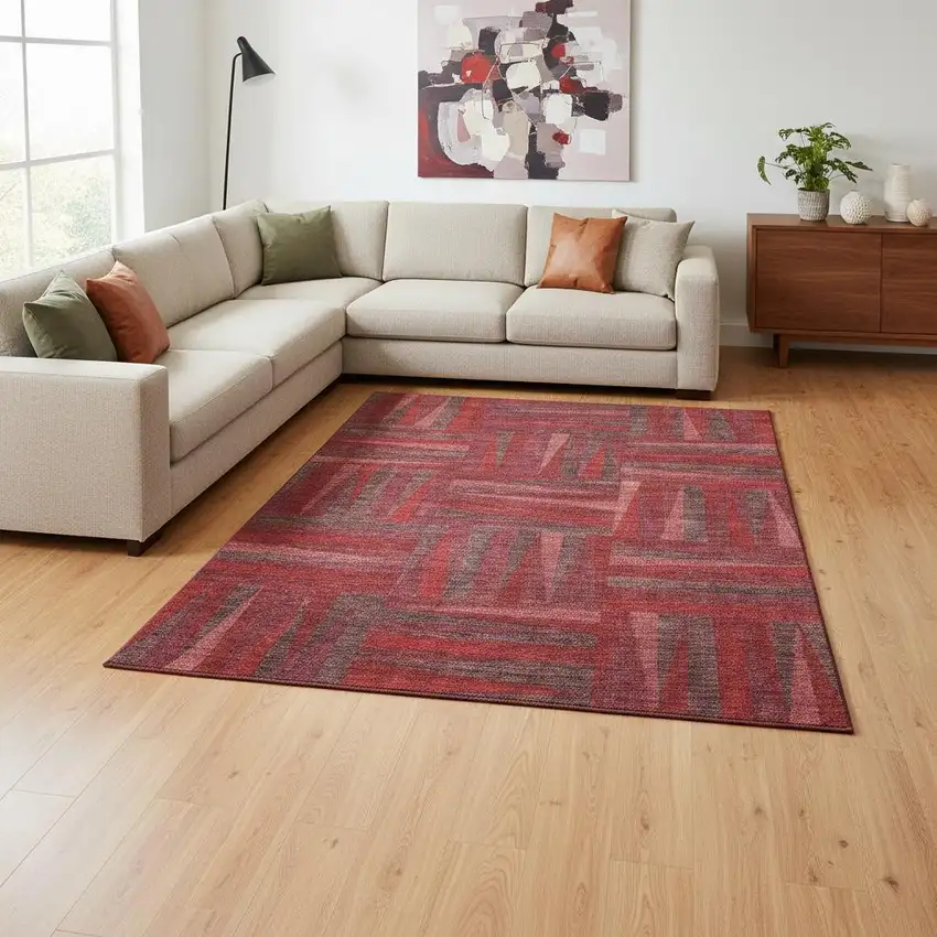 Red And Burgundy Geometric Washable Area Rug With UV Protection Photo 2