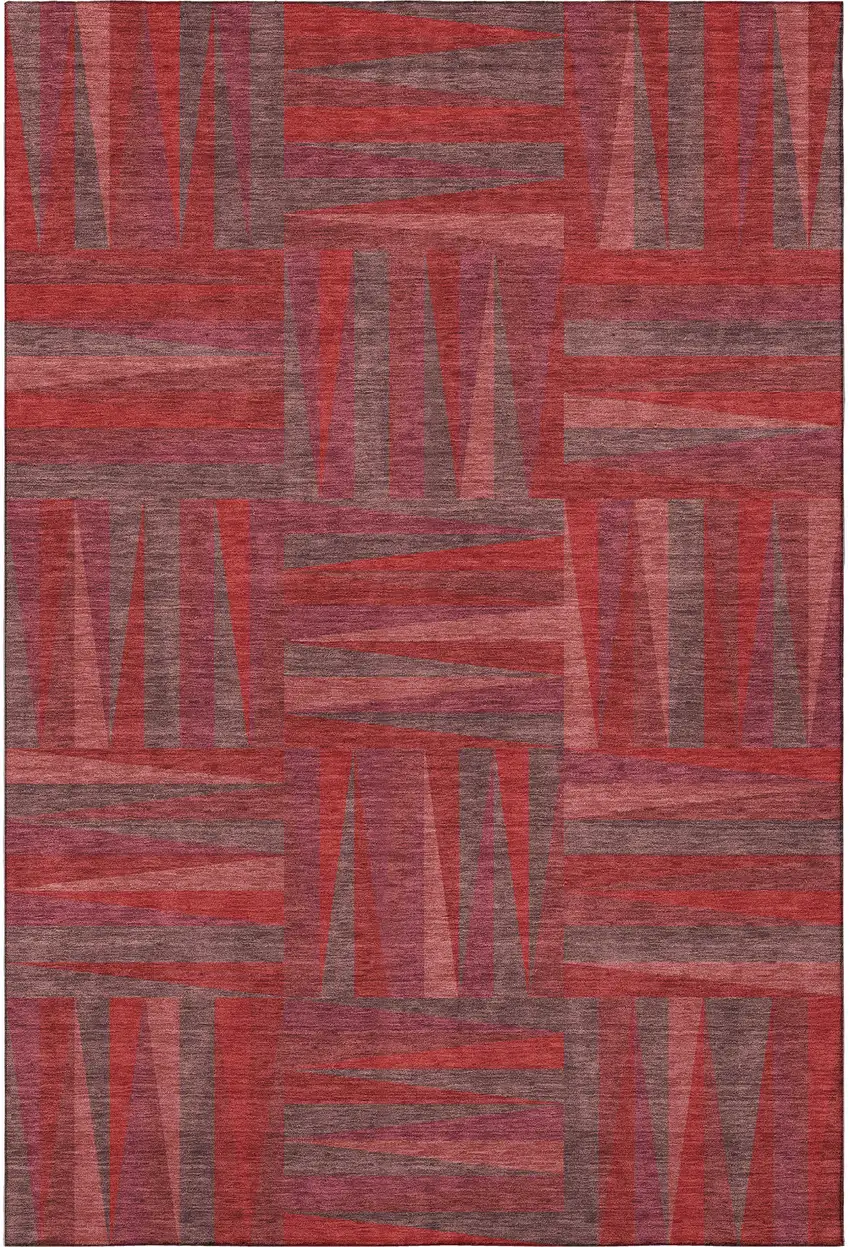 Red And Burgundy Geometric Washable Area Rug With UV Protection Photo 2