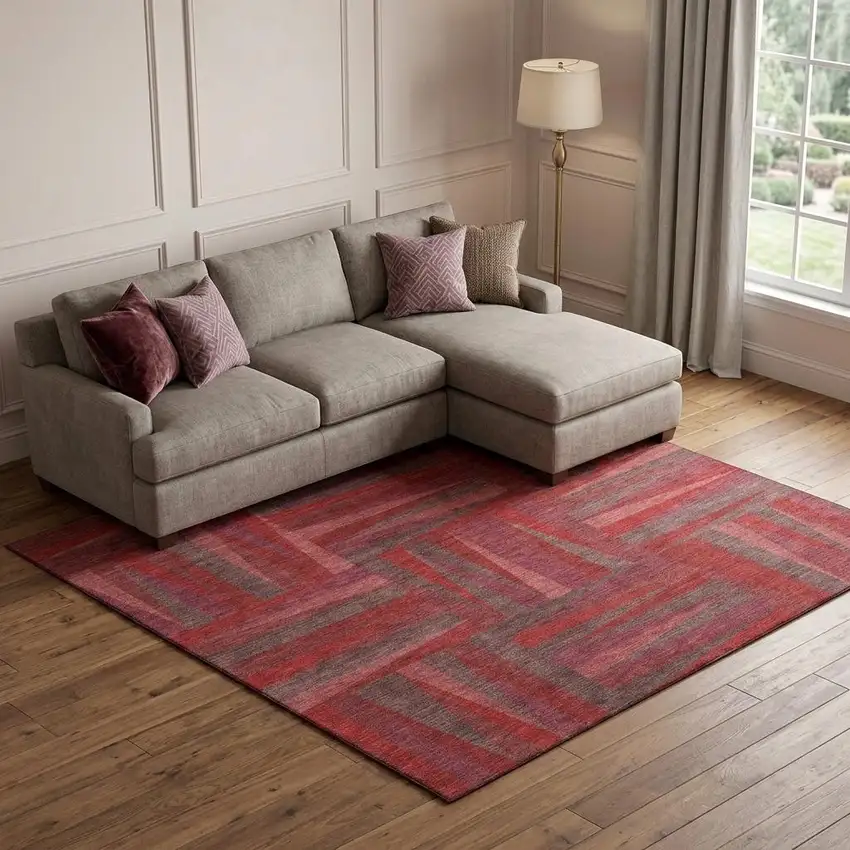 Red And Burgundy Geometric Washable Area Rug With UV Protection Photo 1