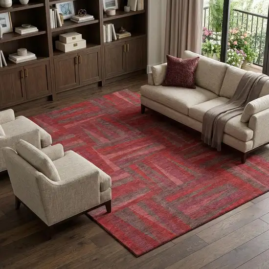 Red And Burgundy Geometric Washable Area Rug With UV Protection Photo 1