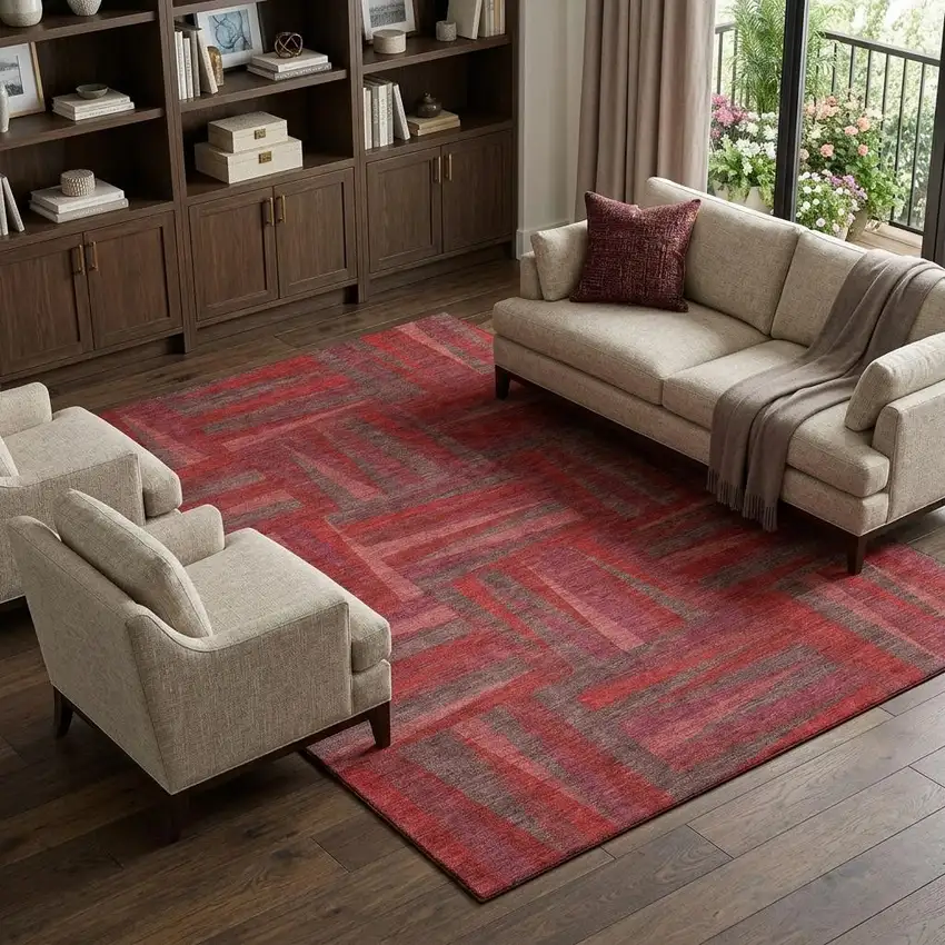 Red And Burgundy Geometric Washable Area Rug With UV Protection Photo 1