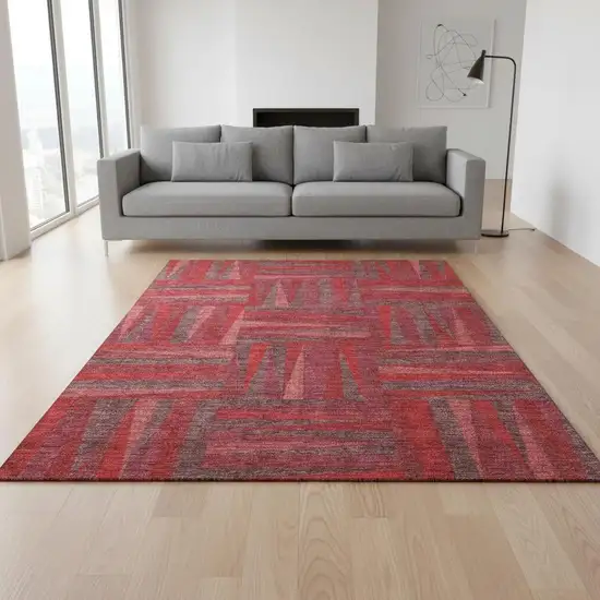 Red And Burgundy Geometric Washable Area Rug With UV Protection Photo 2