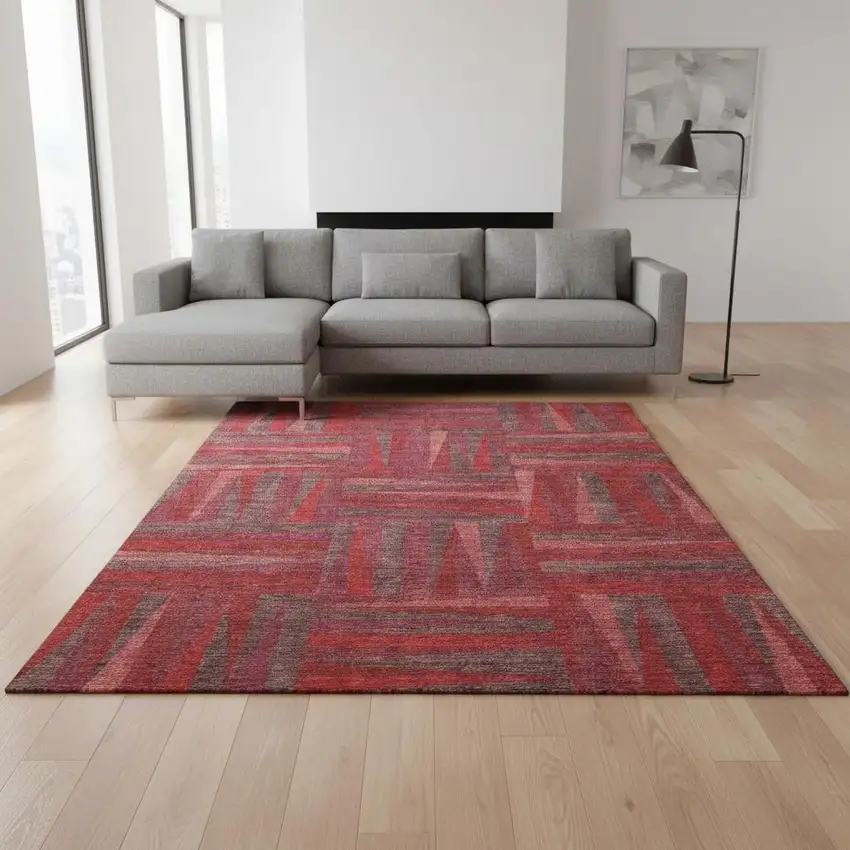 Red And Burgundy Geometric Washable Area Rug With UV Protection Photo 2