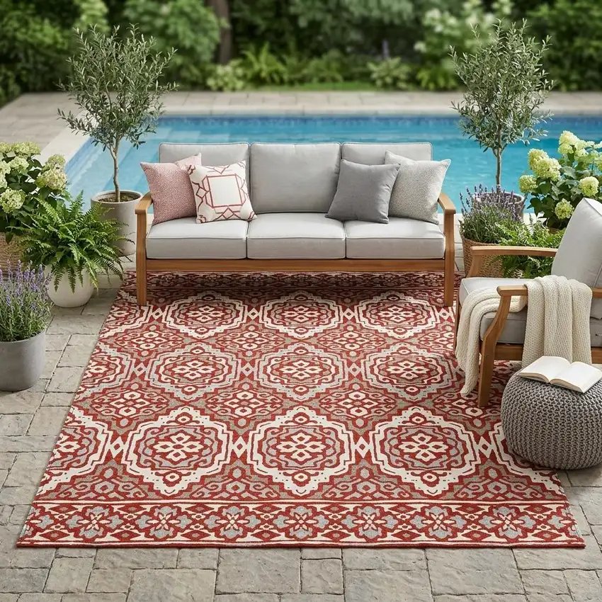 Red And Denim Blue Tribal Washable Indoor Outdoor Area Rug Photo 1