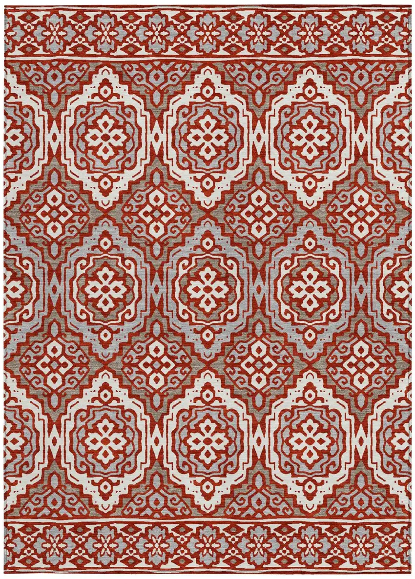 Red And Denim Blue Tribal Washable Indoor Outdoor Area Rug Photo 3