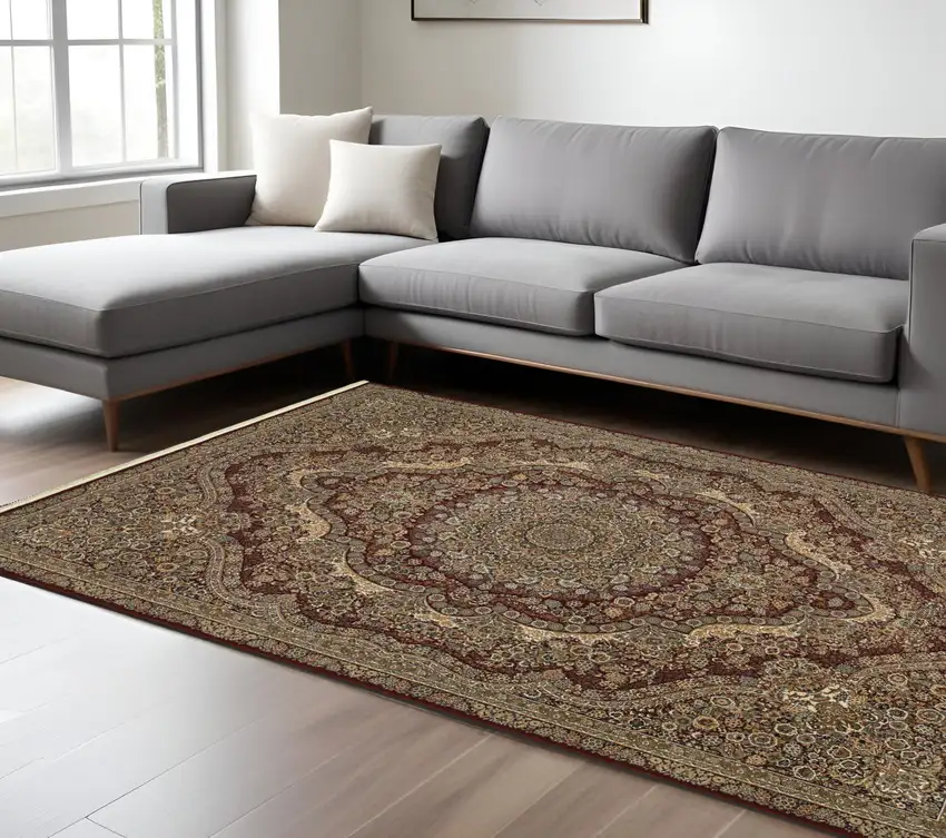 Red And Gold Medallion Area Rug With Fringe Photo 1
