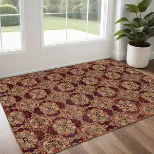 Photo of Red And Gold Oriental Power Loom Stain Resistant Area Rug
