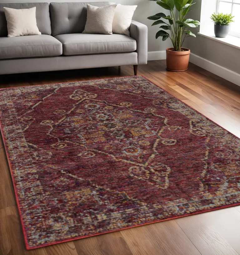 Red And Gold Oriental Power Loom Stain Resistant Area Rug Photo 5