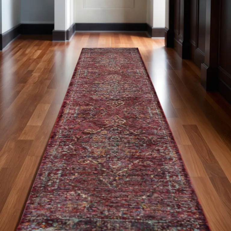 Red And Gold Oriental Power Loom Stain Resistant Runner Rug Photo 5
