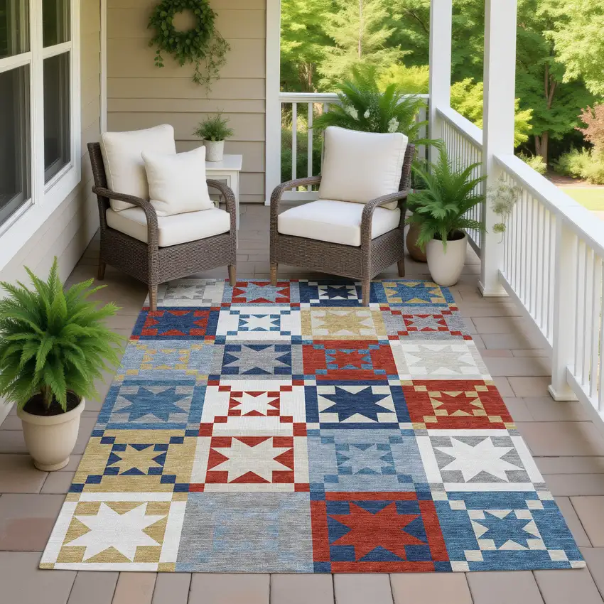 Red And Gold Patchwork Washable Indoor Outdoor Area Rug Photo 7