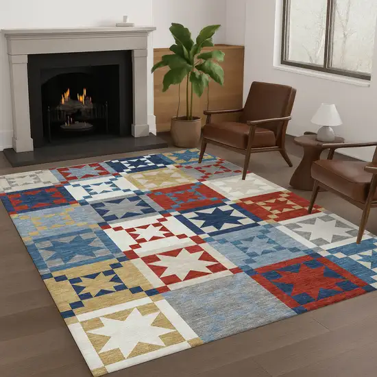 Red And Gold Patchwork Washable Indoor Outdoor Area Rug Photo 6