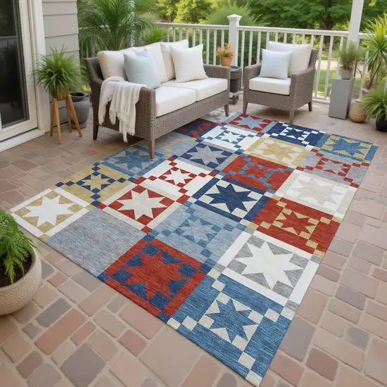 Red And Gold Patchwork Washable Indoor Outdoor Area Rug Photo 4