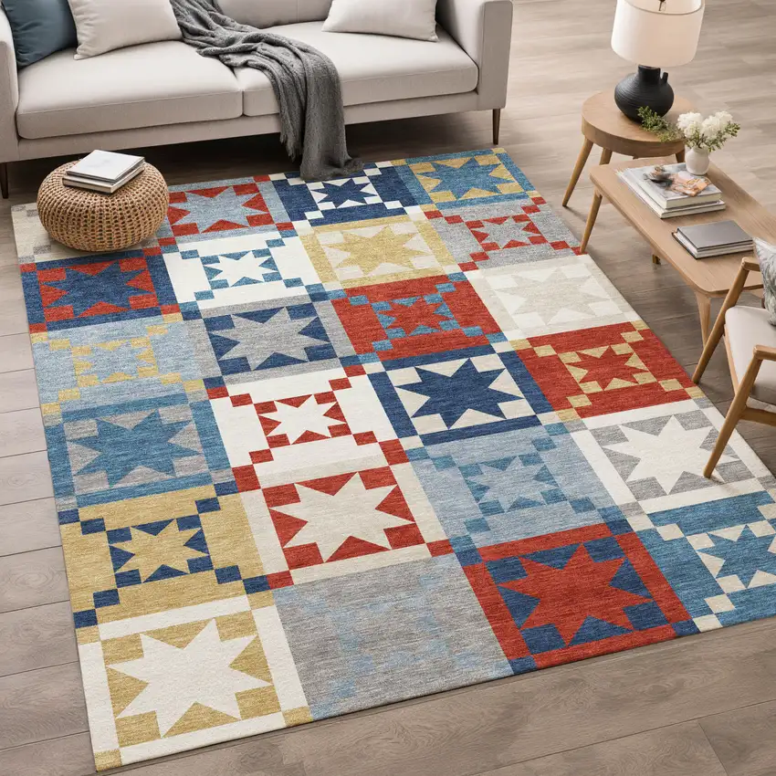 Red And Gold Patchwork Washable Indoor Outdoor Area Rug Photo 5