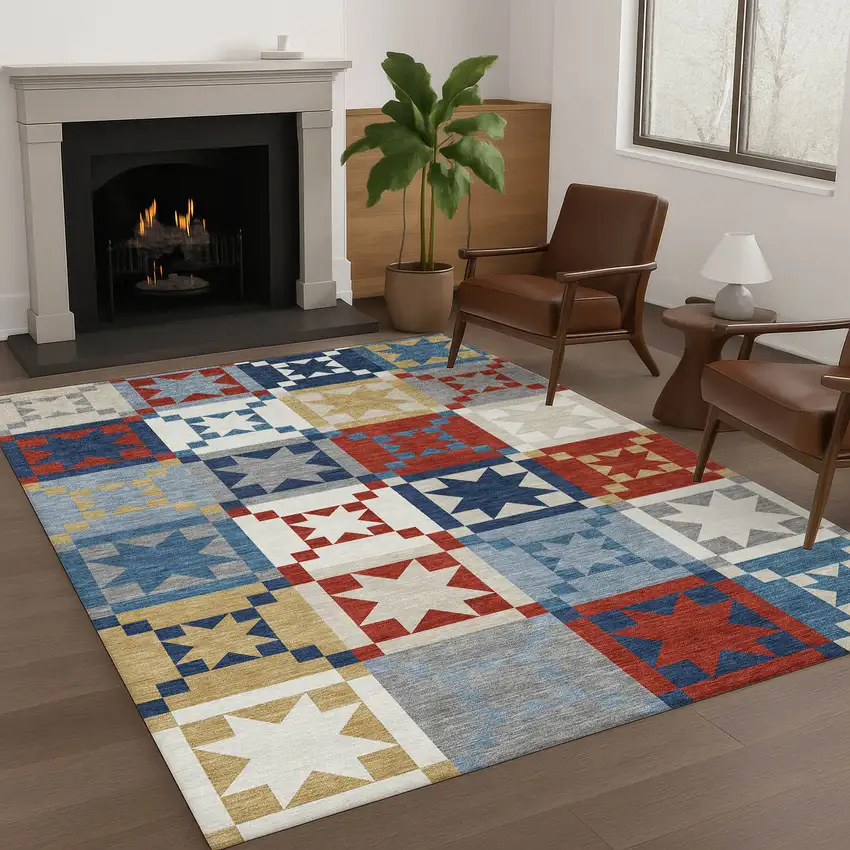 Red And Gold Patchwork Washable Indoor Outdoor Area Rug Photo 6