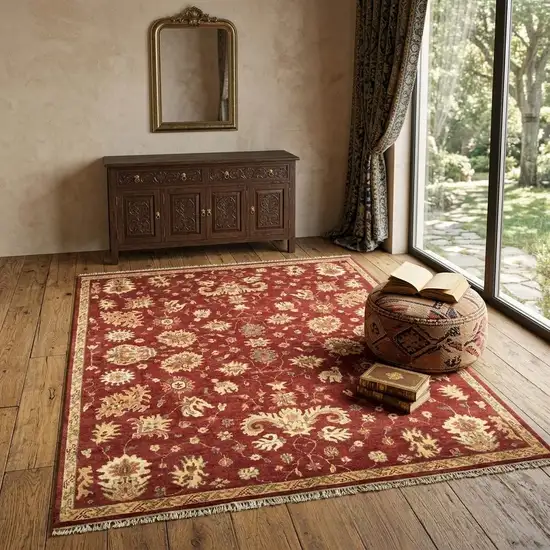 Red And Gold Wool Floral Hand Knotted Area Rug With Fringe Photo 1