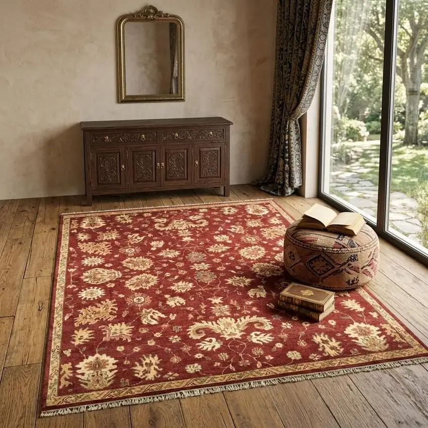 Red And Gold Wool Floral Hand Knotted Area Rug With Fringe Photo 1
