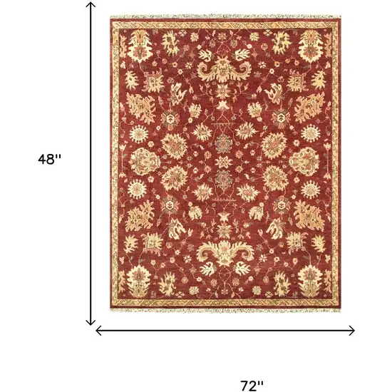 Red And Gold Wool Floral Hand Knotted Area Rug With Fringe Photo 5