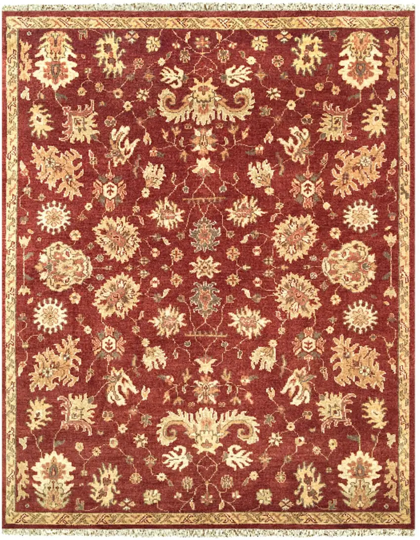 Red And Gold Wool Floral Hand Knotted Area Rug With Fringe Photo 2