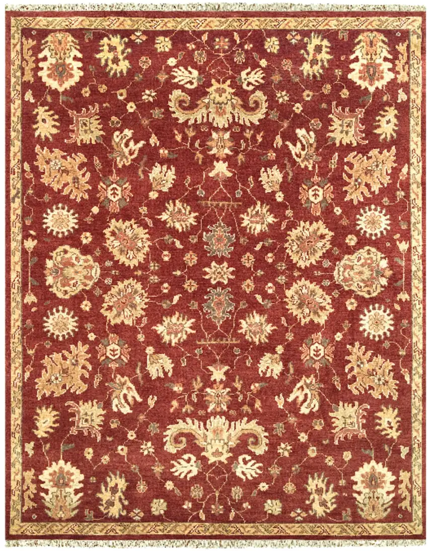 Red And Gold Wool Floral Hand Knotted Area Rug With Fringe Photo 4