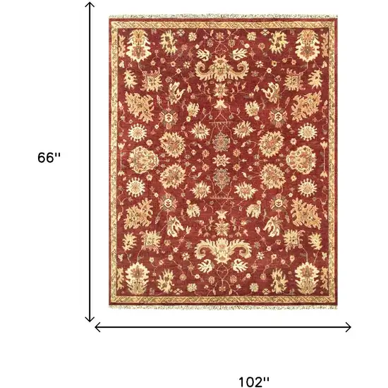 Red And Gold Wool Floral Hand Knotted Area Rug With Fringe Photo 4