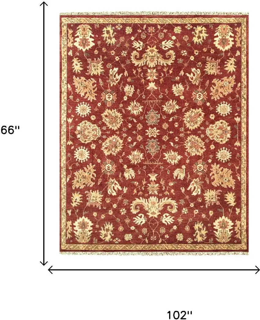 Red And Gold Wool Floral Hand Knotted Area Rug With Fringe Photo 4